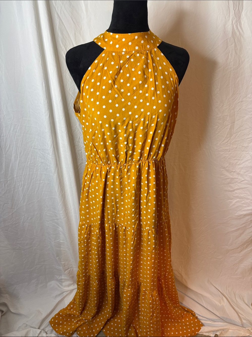 SHEIN Mustard Polka Dot Halter Tiered Maxi Dress
